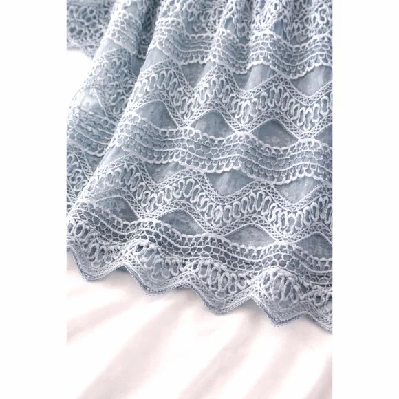 POL Dusty Blue Fully Lined Chiffon & Crochet Detail Ruffle ON/OFF Shoulder Top! - Picture 5 of 5